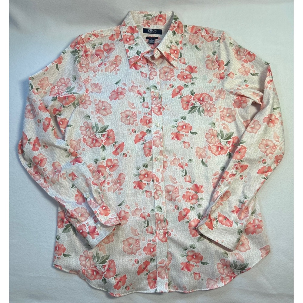 Chaps No Iron Collared Shirt Womens M Tropical Floral Romantic Lagenlook Preppy